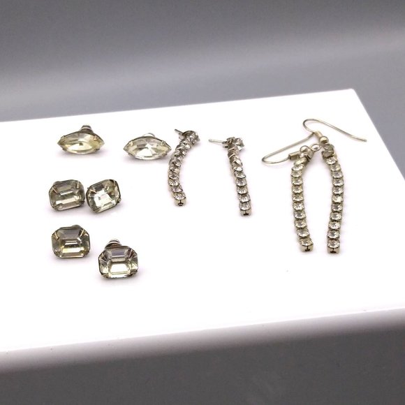 Bundle of 5 Pair Crystal Earrings, Vintage Studs and Dangle Lot, All are Silver - Picture 1 of 3